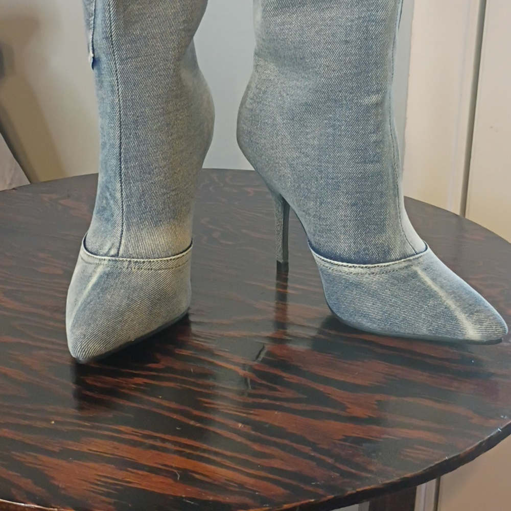 Cape Robbin Light Blue Denim Knee-High Stiletto Boots W/Pockets